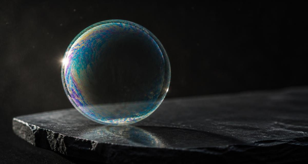 A single iridescent soap bubble resting intact on dark slate under a hard raking light