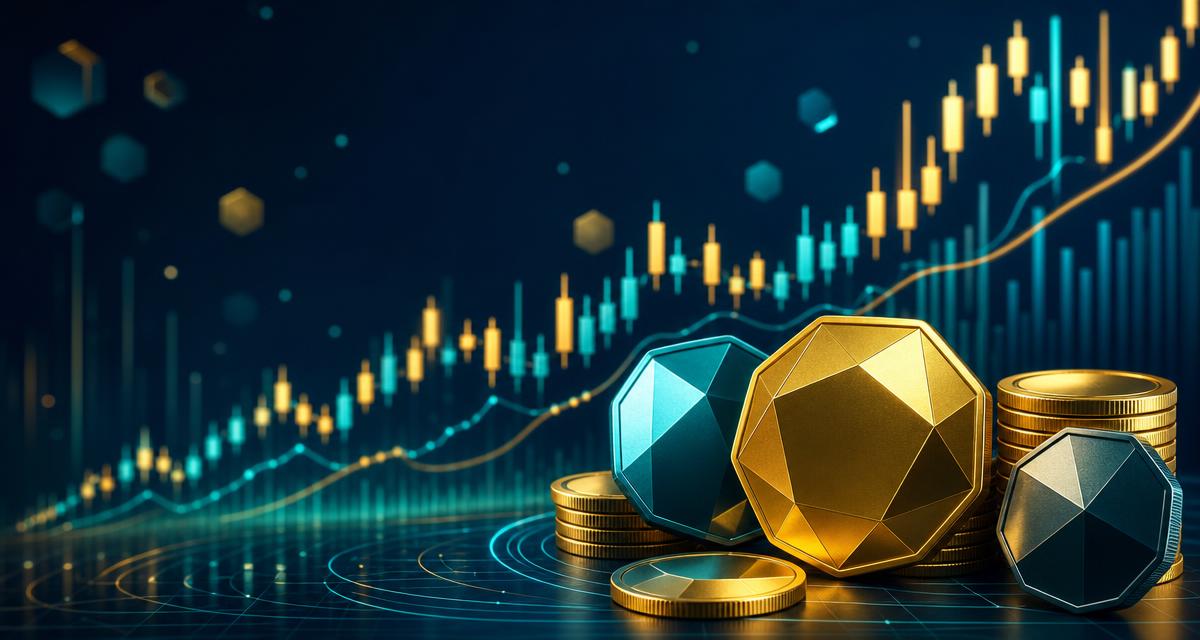 Rising crypto candlestick chart with abstract gold and teal coins, illustrating altcoin season conditions in 2026