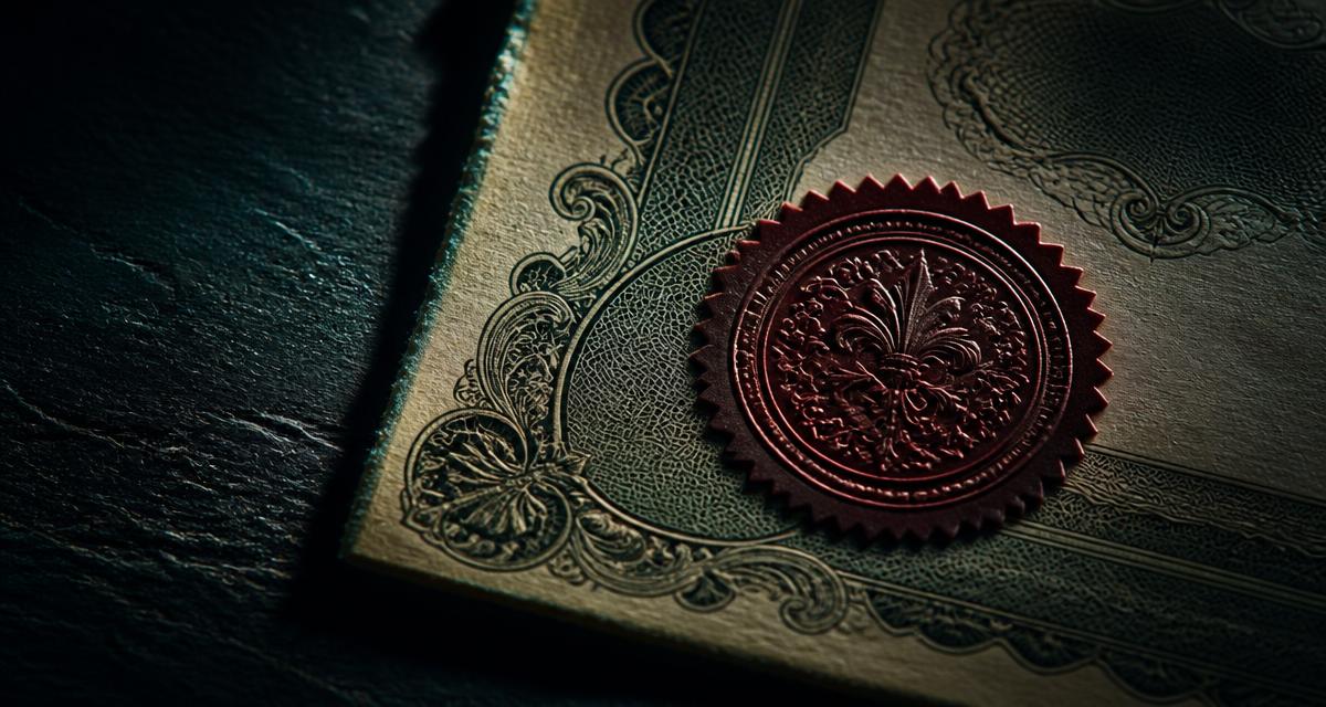 Engraved corner of an antique share certificate with an embossed seal on dark slate