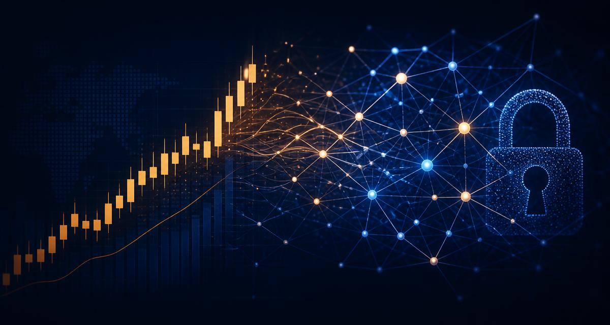 Abstract illustration of a rising candlestick chart merging into a neural network beside a padlock, representing private AI company shares