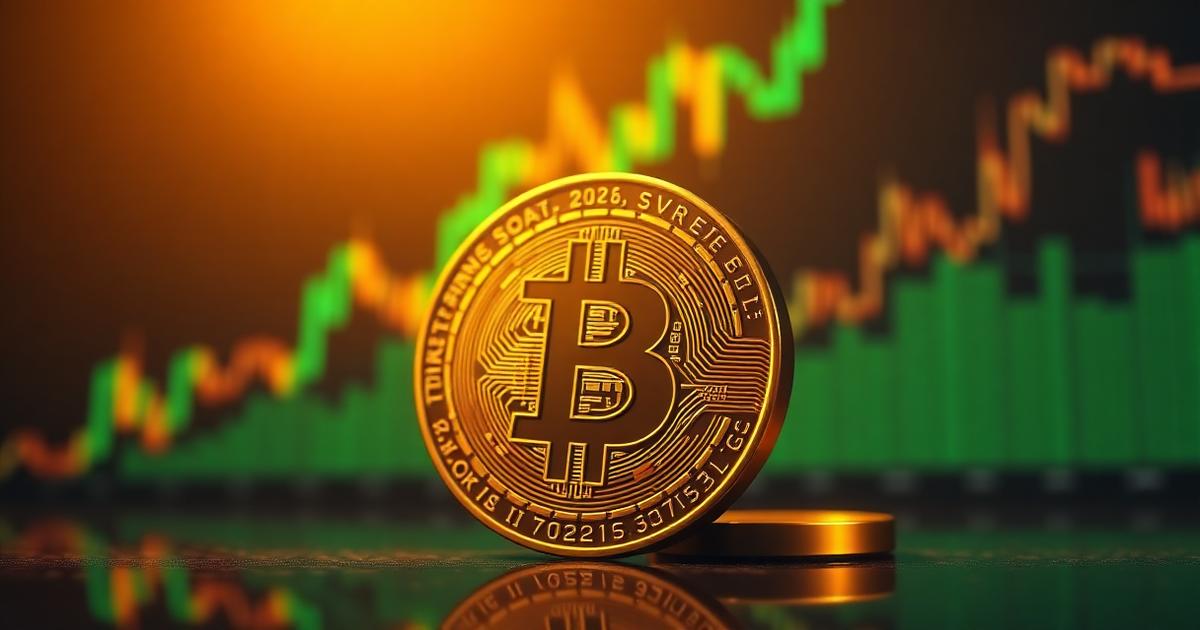 Golden Bitcoin coin in front of a rising green candlestick chart — 2026 bitcoin price prediction hero image