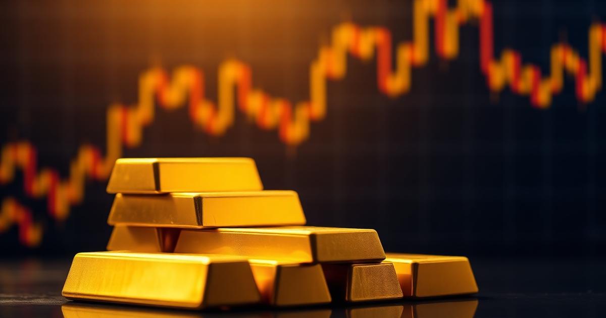 Stacked gold bars in warm light with a rising candlestick chart in the background — 2026 gold price forecast hero image