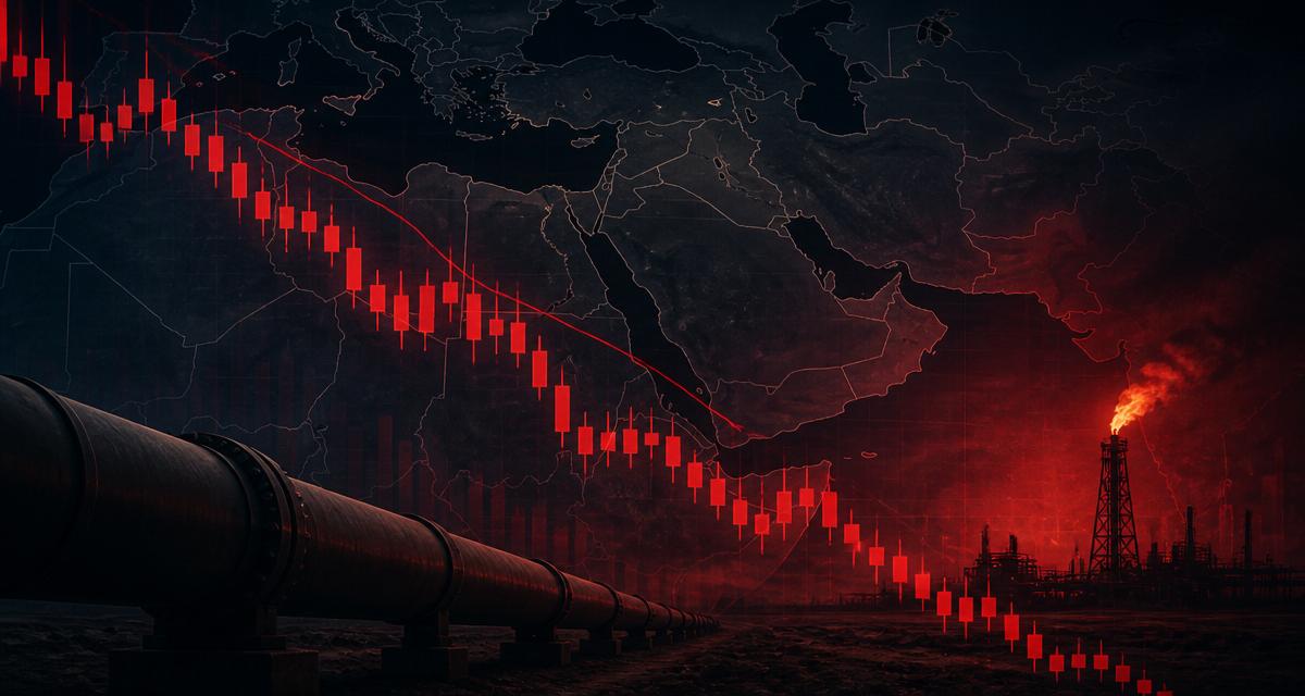 Dark editorial illustration showing a downward red candlestick chart over a Middle East map with an oil pipeline and refinery flare, symbolizing the Iran conflict driving a tech-led market sell-off