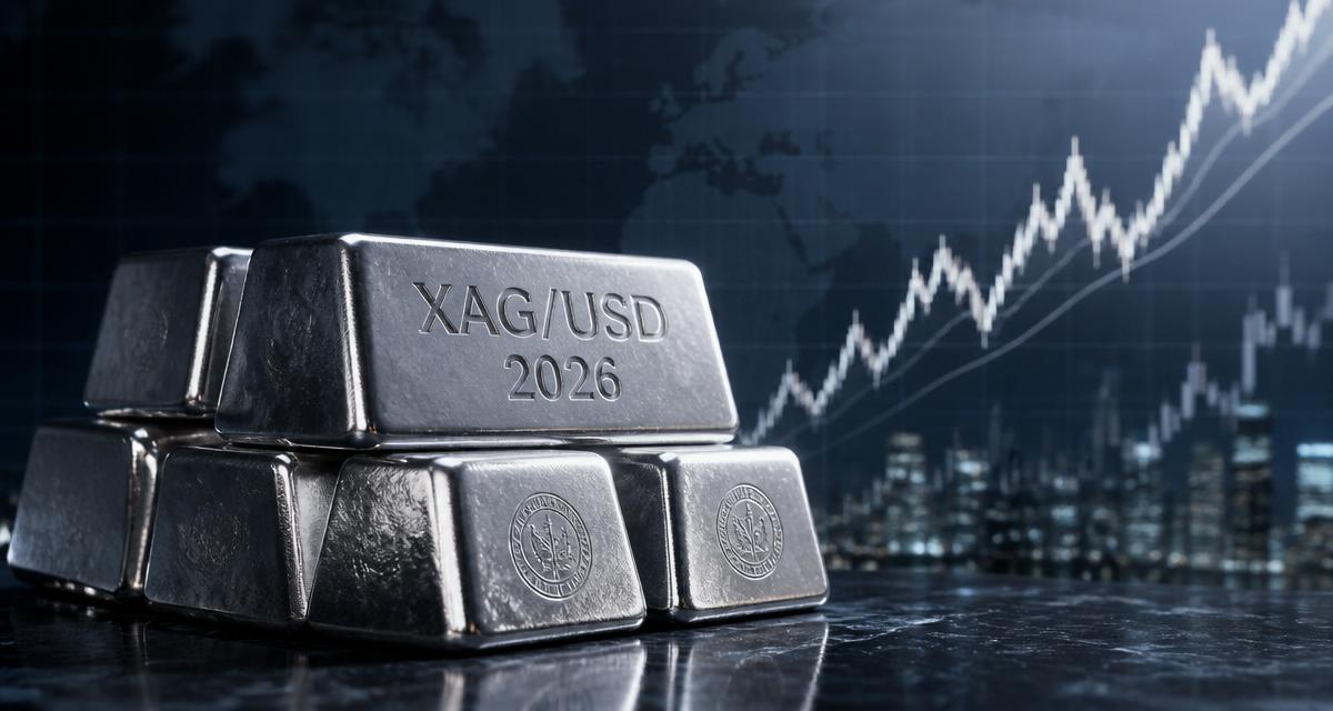 Silver bullion bars stacked in front of a rising XAG/USD chart, representing the 2026 silver price forecast