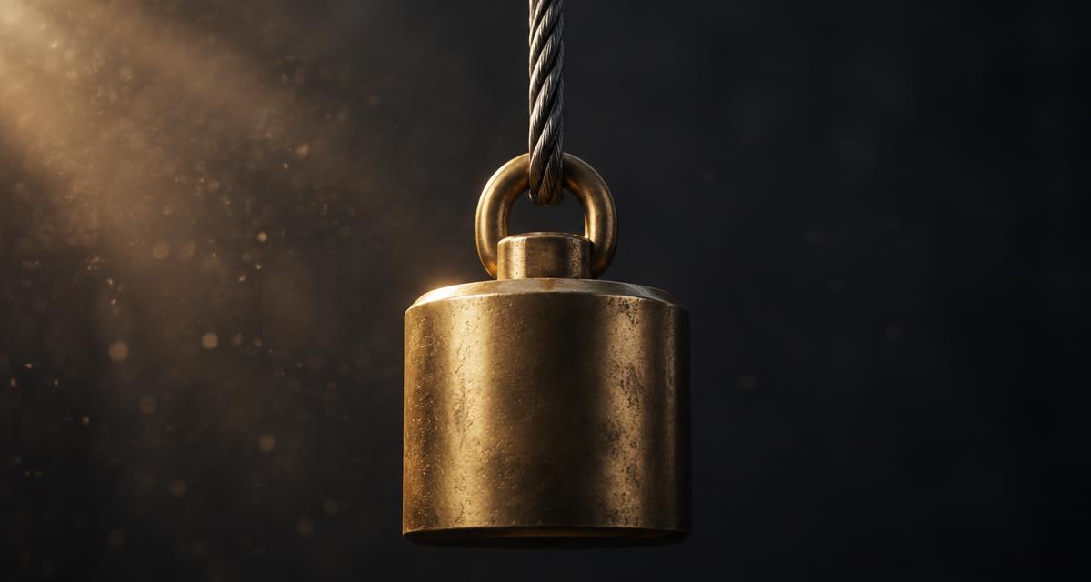 A heavy brass weight hanging from a single taut steel cable against a dark background