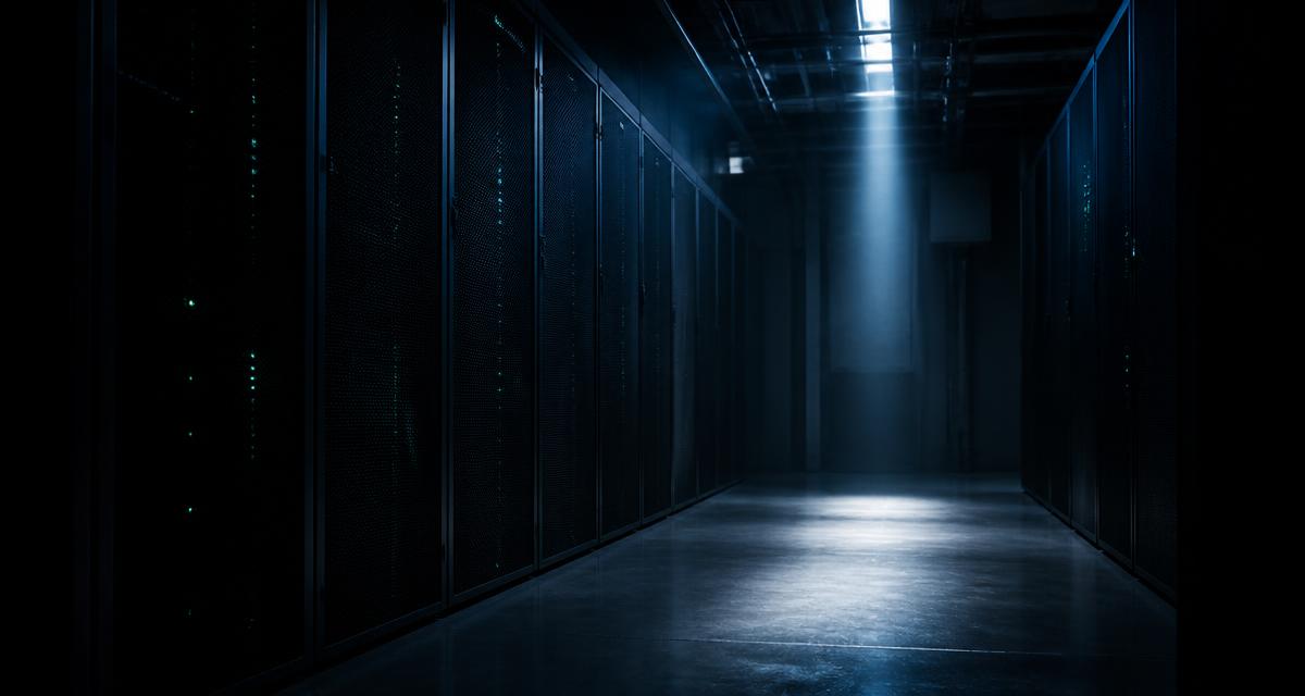 Dark corridor of server cabinets in a data centre lit by a single shaft of cold blue light