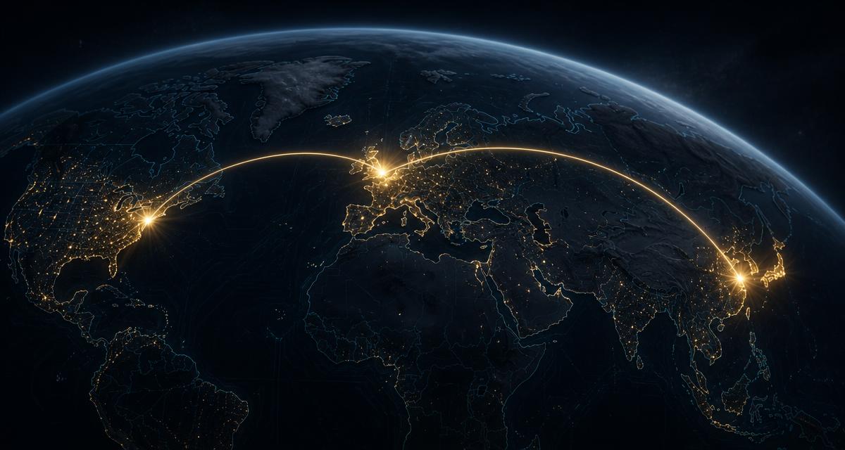 Night-side view of Earth with glowing gold nodes over Tokyo, London and New York linked by arcs of light