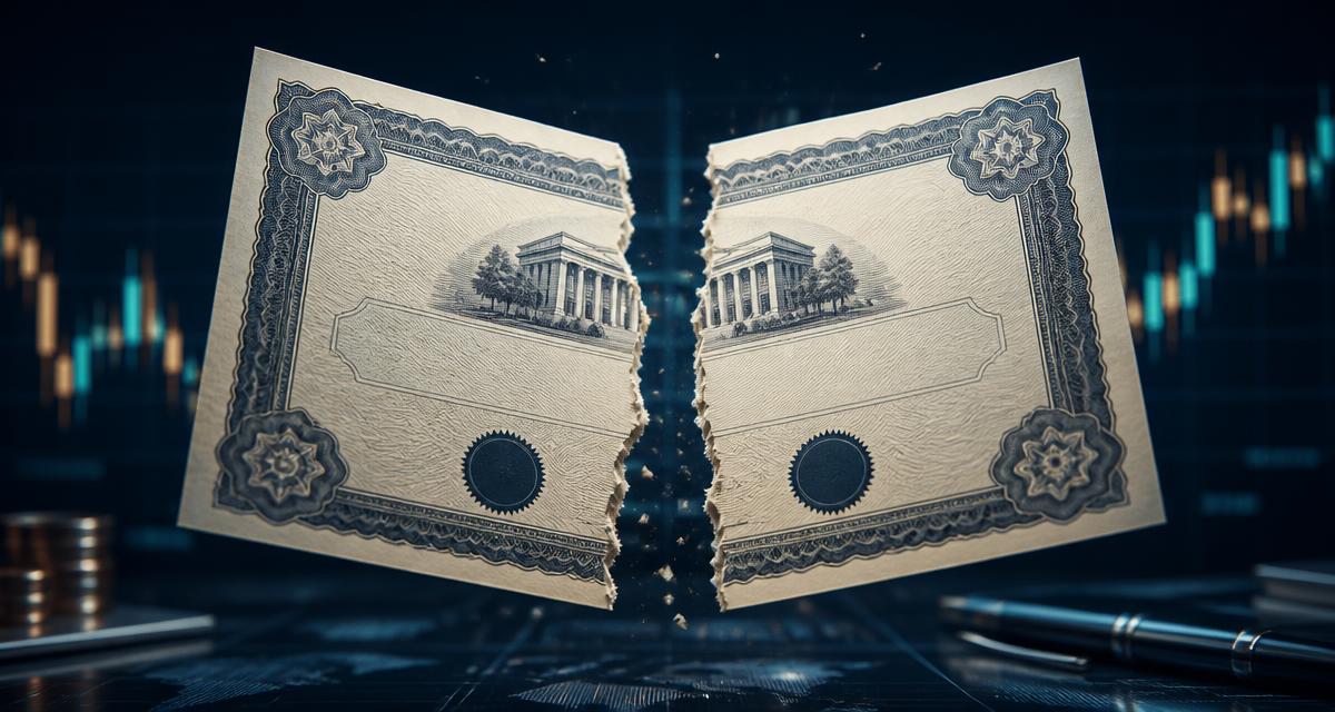 Illustration of a share certificate splitting in two above a trading desk, representing a Palantir stock split