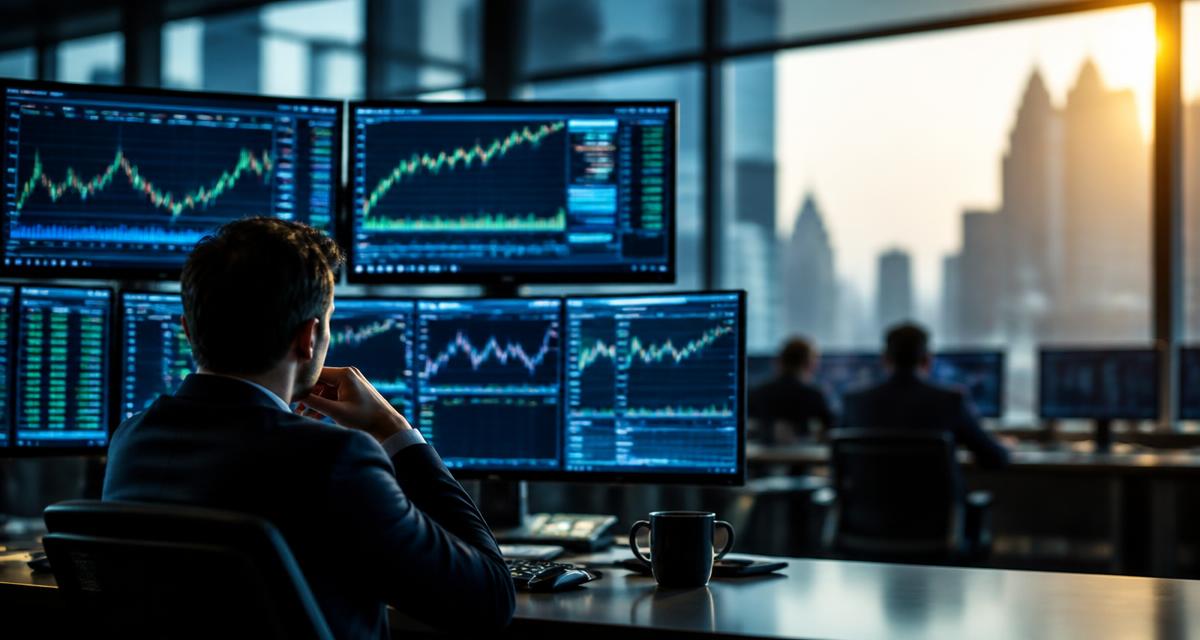 Professional trading desk with multiple monitors showing stock charts and market data at sunrise