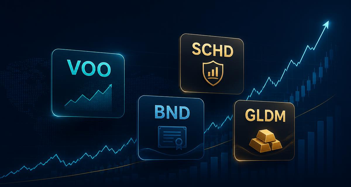 ETF ticker cards for VOO, SCHD, BND and GLDM above a rising market chart
