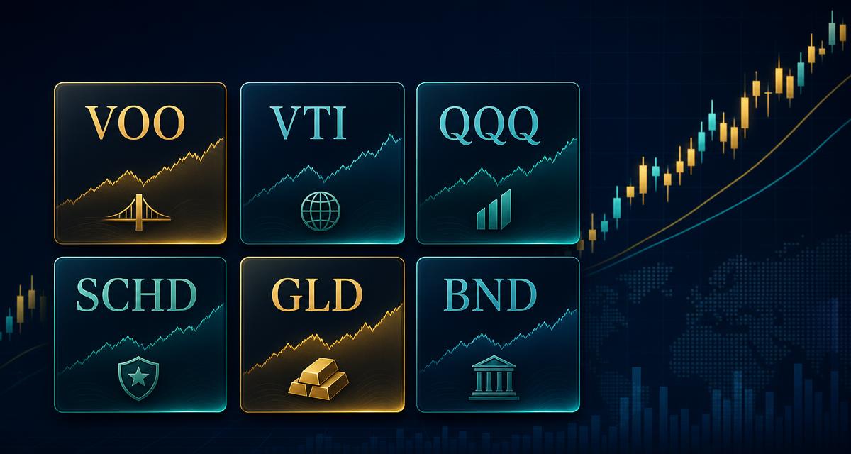 Ticker cards for VOO, VTI, QQQ, SCHD, GLD and BND over a rising market chart