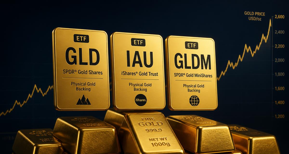 Gold ETF ticker cards for GLD, IAU and GLDM above stacked gold bullion bars with a rising gold price chart