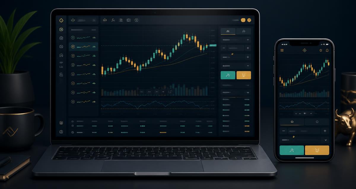 Trading platform charts shown on a laptop and mobile app side by side