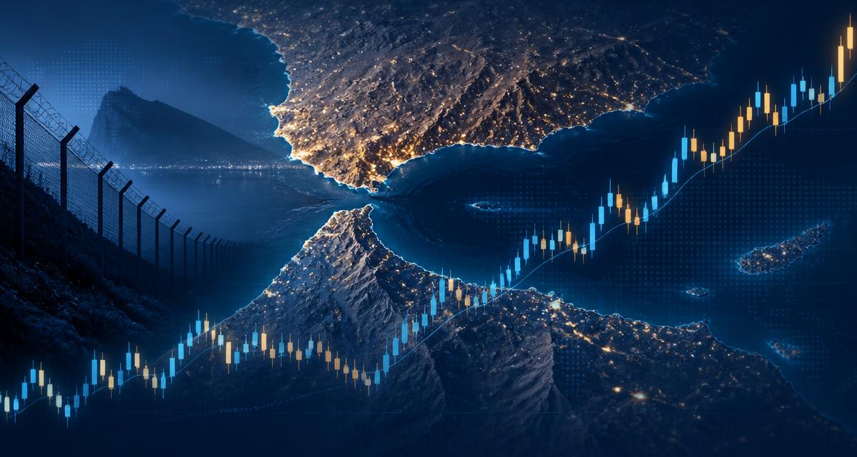 Map of the Strait of Gibraltar and the Spain-Morocco border overlaid with a EUR/USD candlestick chart