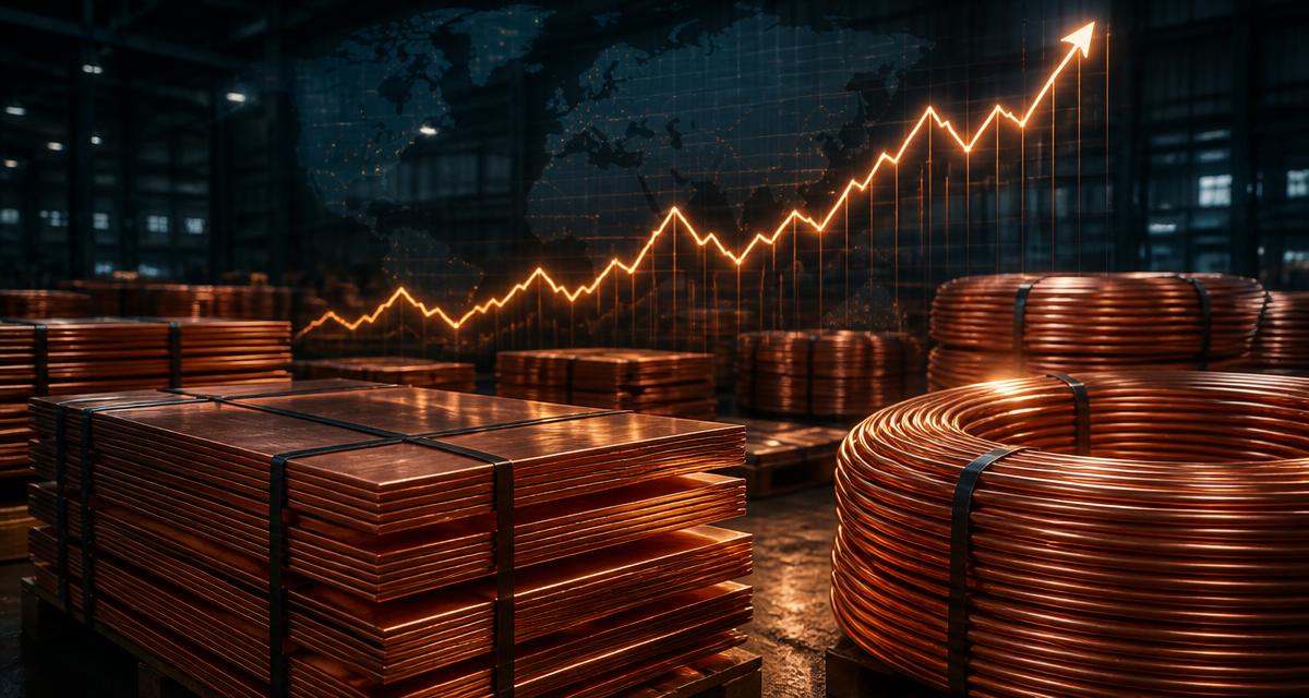 Stacks of copper cathode sheets and copper wire coils in a warehouse with a rising price chart overlay