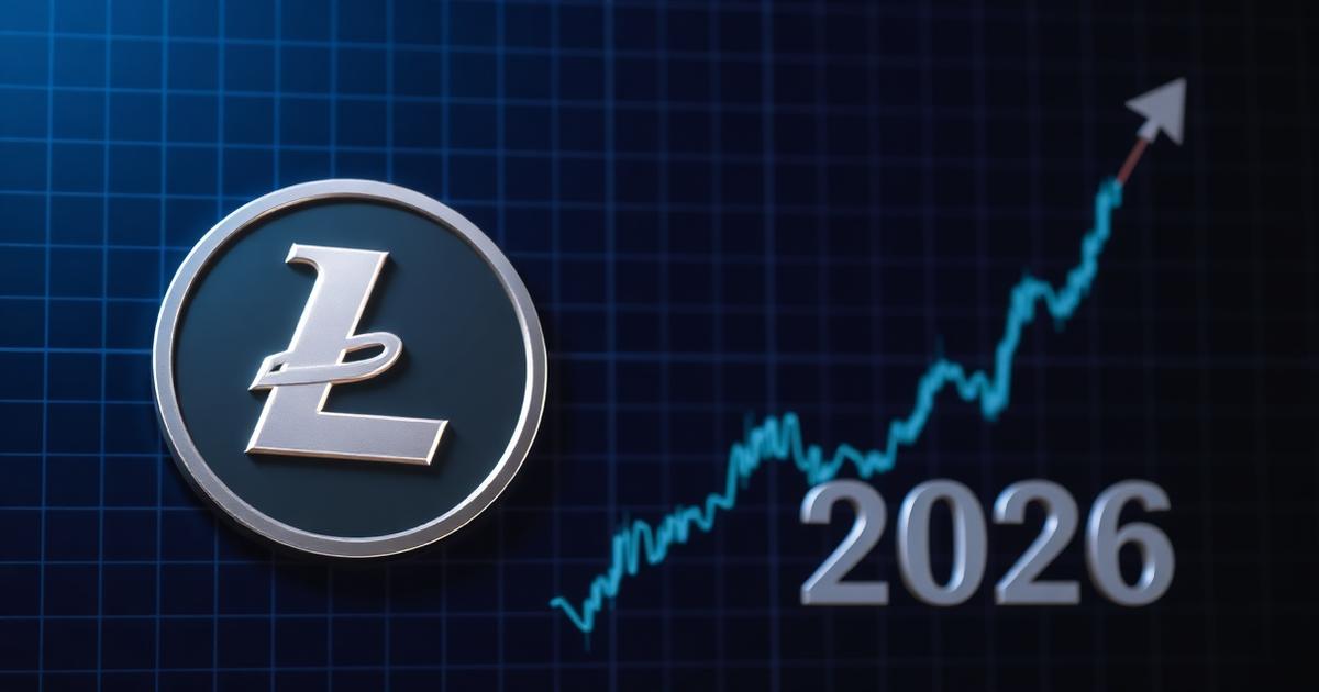Litecoin logo with an ascending price chart and 2026 on a dark blue background
