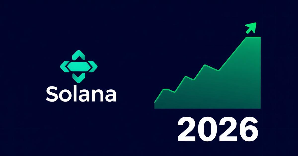Solana SOL logo with an ascending green price chart and 2026 on a dark navy background