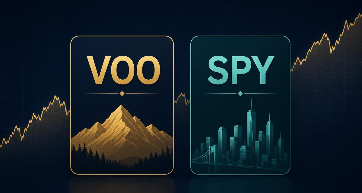VOO and SPY S&P 500 ETF ticker cards side by side over a rising index chart