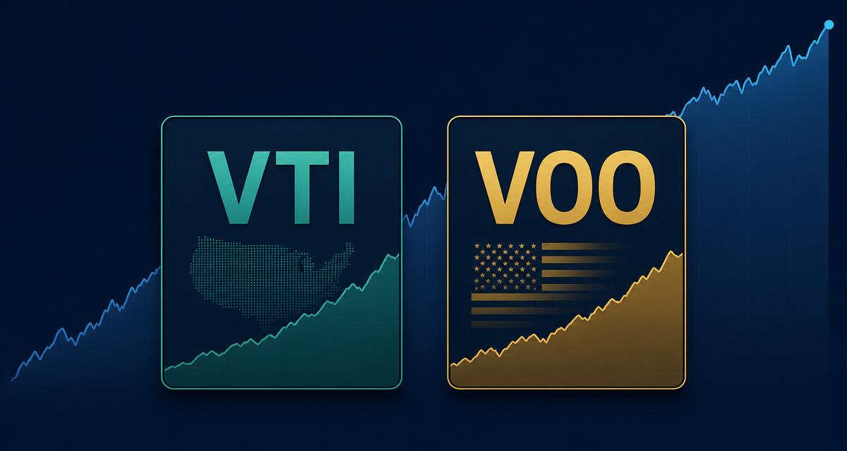 VTI and VOO Vanguard ETF ticker cards side by side over a rising US stock market chart