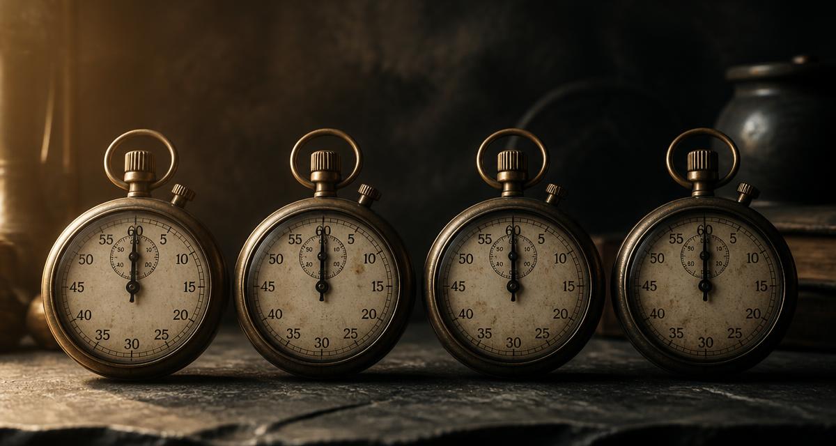 Four antique brass stopwatches in a row on dark slate, all frozen at the same moment, illustrating four derivatives contracts expiring together on quadruple witching day