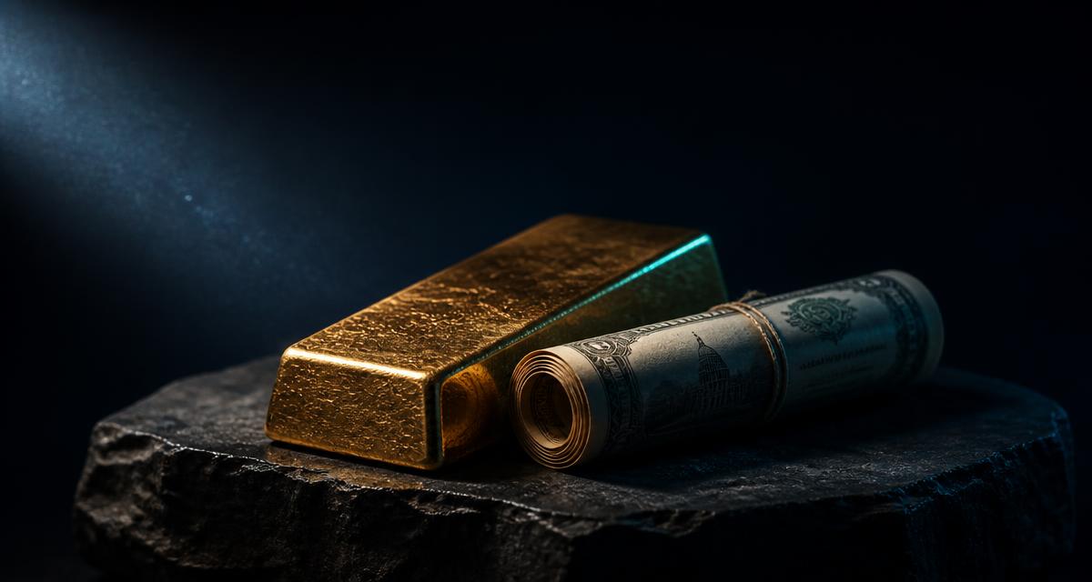 Gold bar and a rolled US banknote lit by a single hard light on dark slate, illustrating safe haven assets in 2026