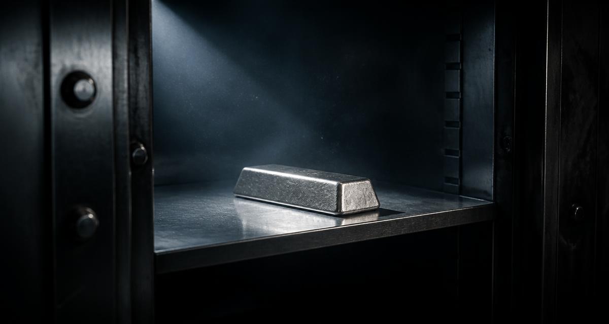 A single silver bullion bar on an otherwise empty bank vault shelf under cold directional light