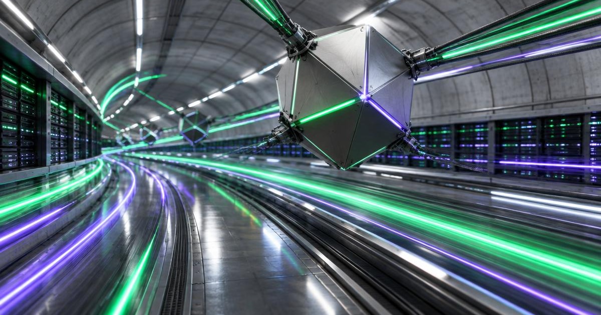 Metallic validator node racing through a green and violet data corridor
