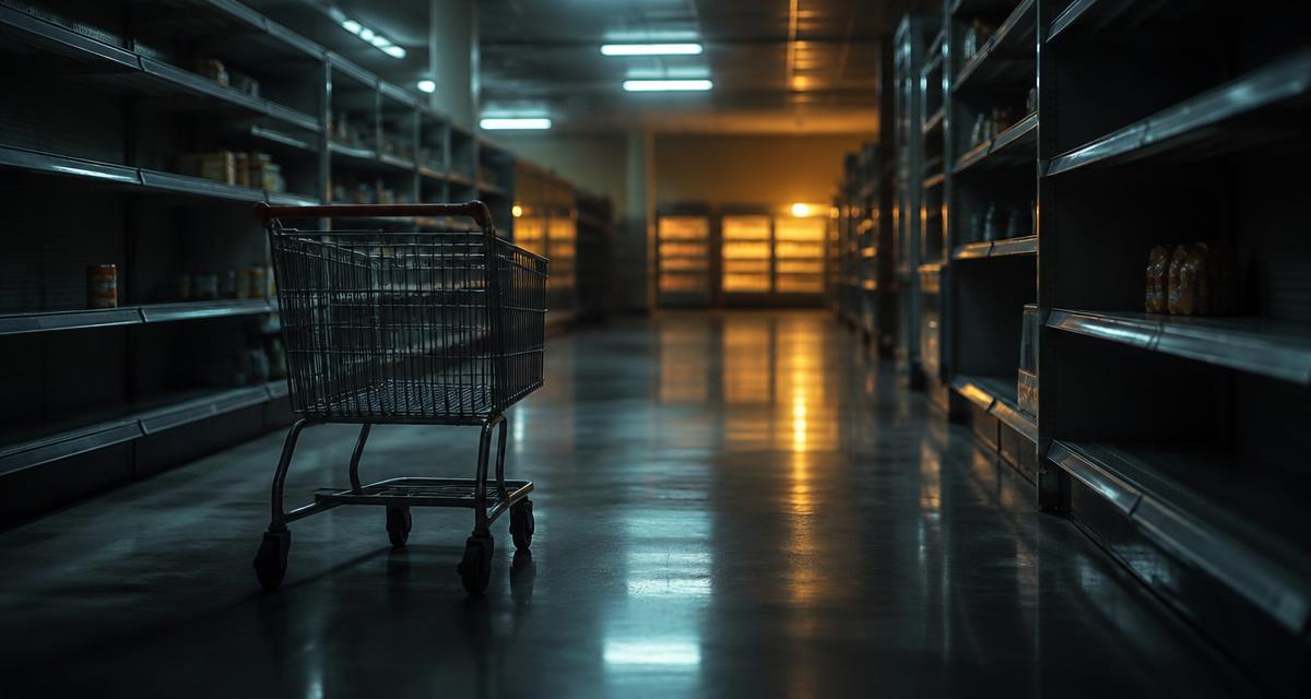 An abandoned shopping trolley in a dimly lit, sparsely stocked supermarket aisle at night