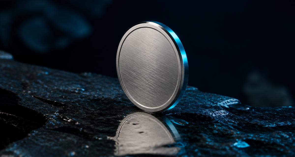Brushed steel token standing on edge on wet dark slate with a teal rim light and mirrored reflection