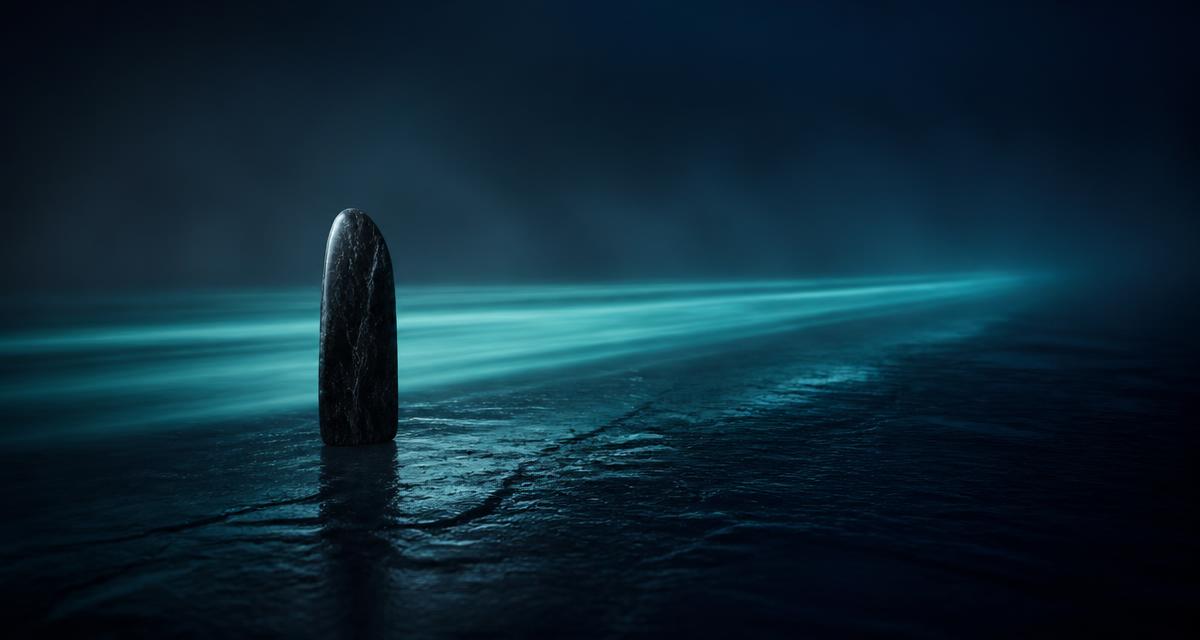A dark polished stone standing on wet slate with a long teal light trail stretching to the horizon, illustrating a long-term XRP outlook